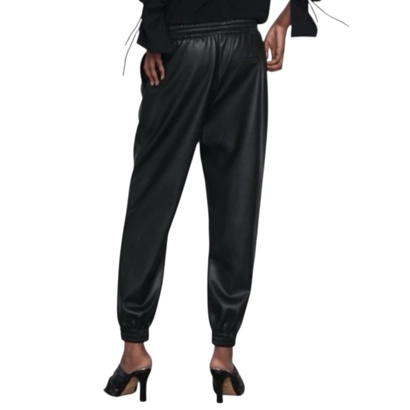 Zara Faux Leather Jogger Pants Black Elastic Waist Drawstring Hem Streetwear - Picture 3 of 12